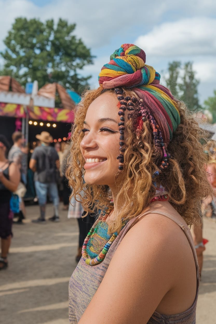 A woman with curly hair styled with a colorful head wrap and beads, smiling at an outdoor event.
