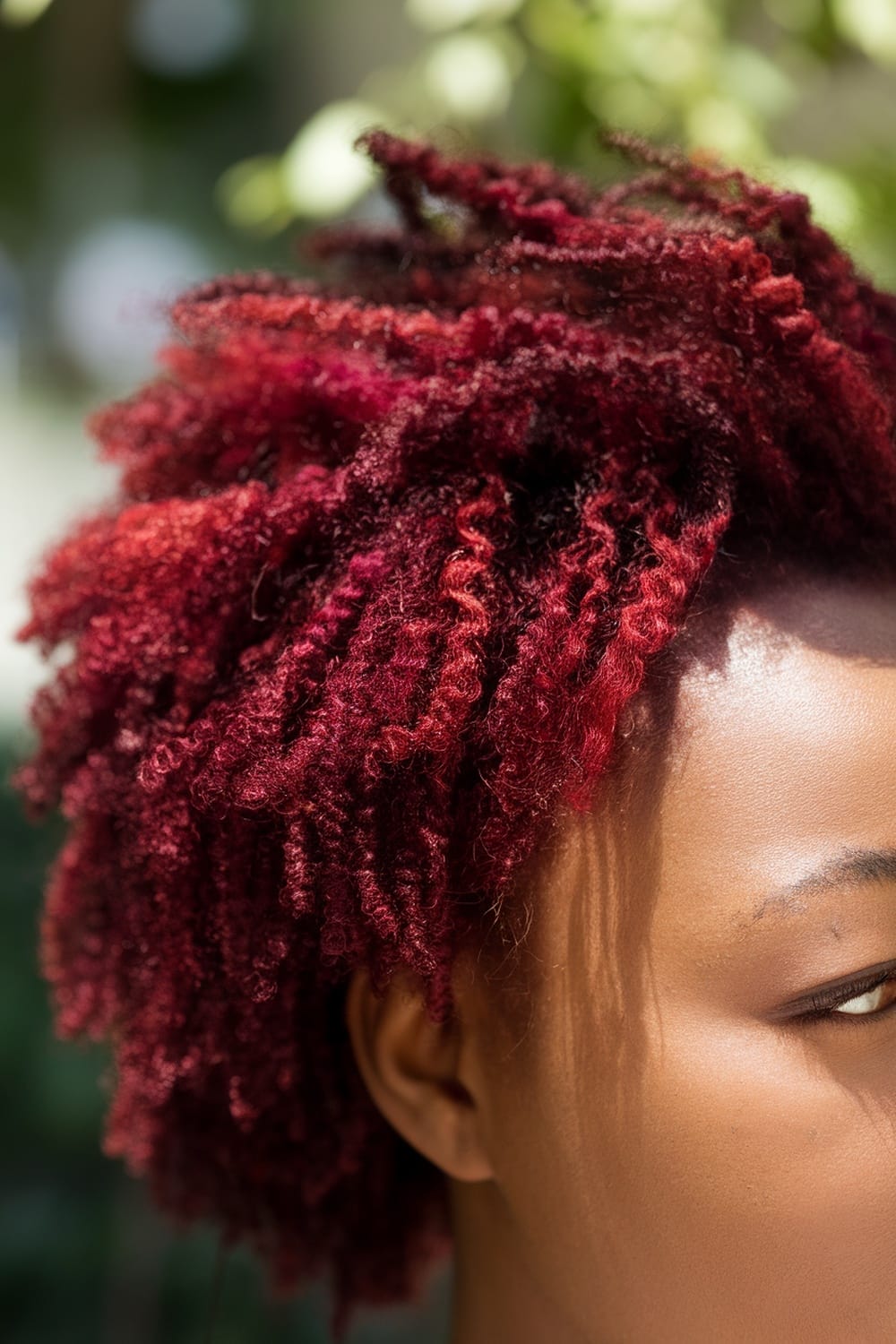 Close-up of a woman with natural hair styled in curls and dyed burgundy.