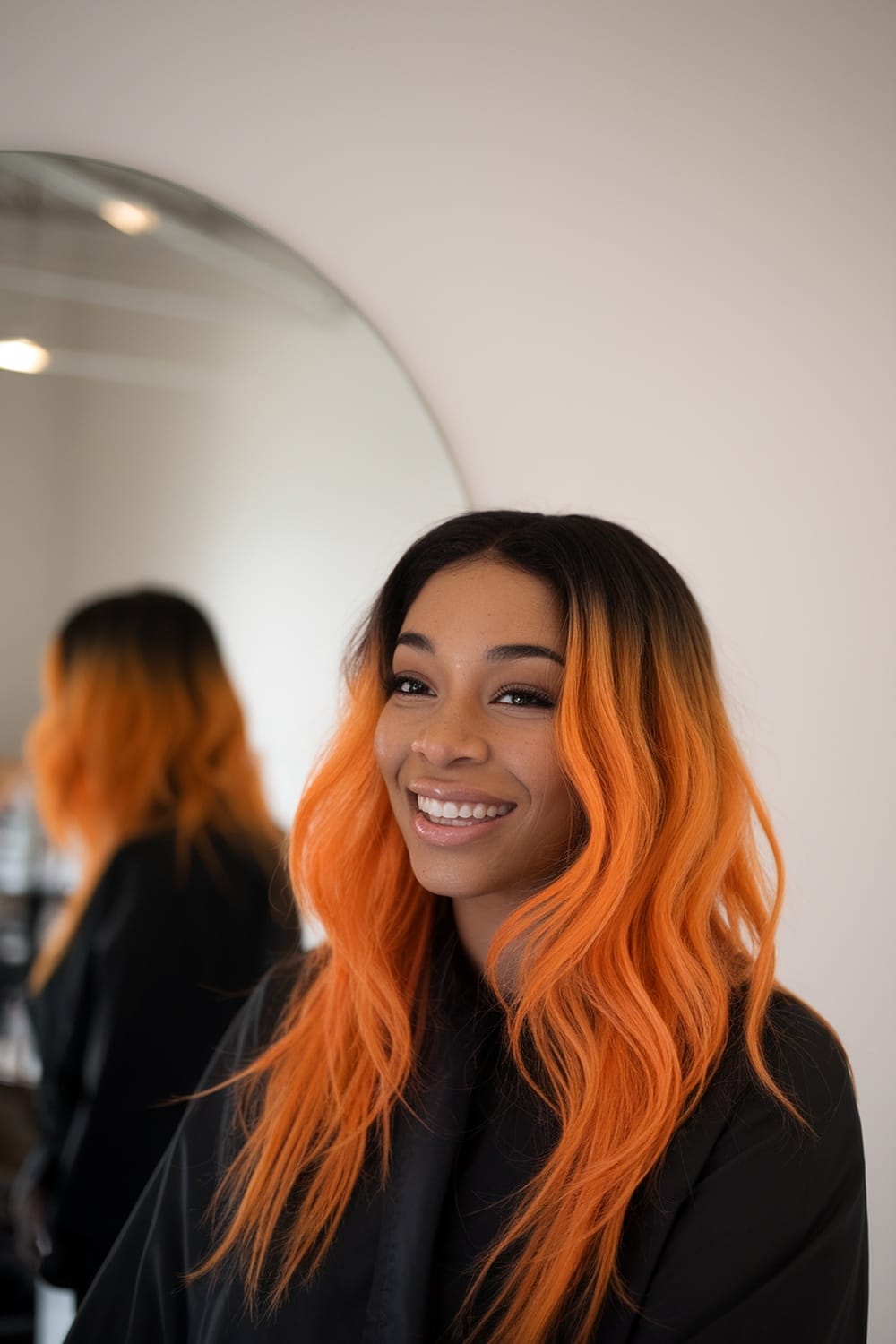 A woman with vibrant orange hair smiling in front of a mirror.