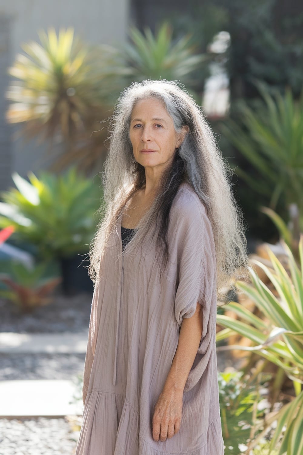 A woman with long, wavy hair standing outdoors, showcasing her natural style.