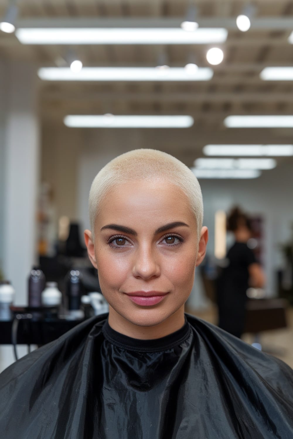 A woman with a buzzed hairstyle, exuding confidence in a salon setting.