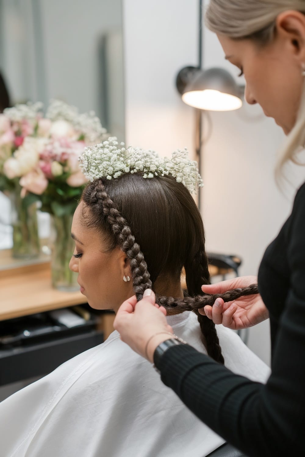 A stylist braiding a woman's hair in a halo braid with floral accents