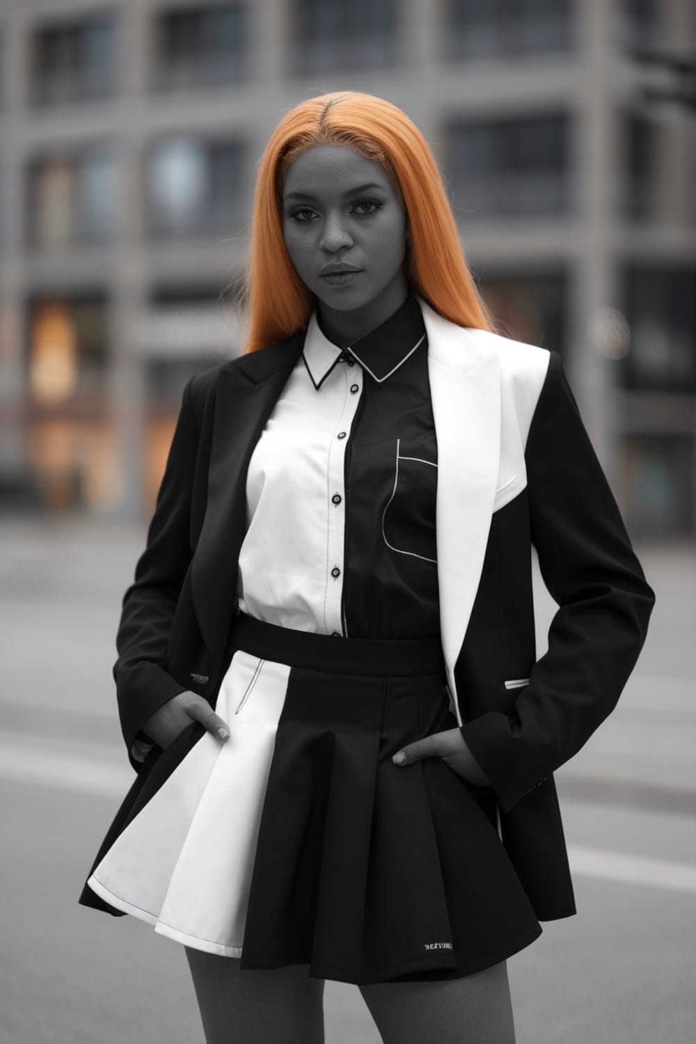 A woman with orange hair wearing a black and white outfit, standing confidently.