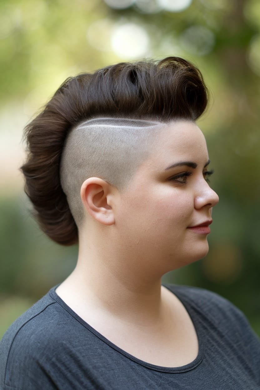 A woman with a faux hawk hairstyle, featuring shaved sides and voluminous hair on top, showcasing an edgy style.