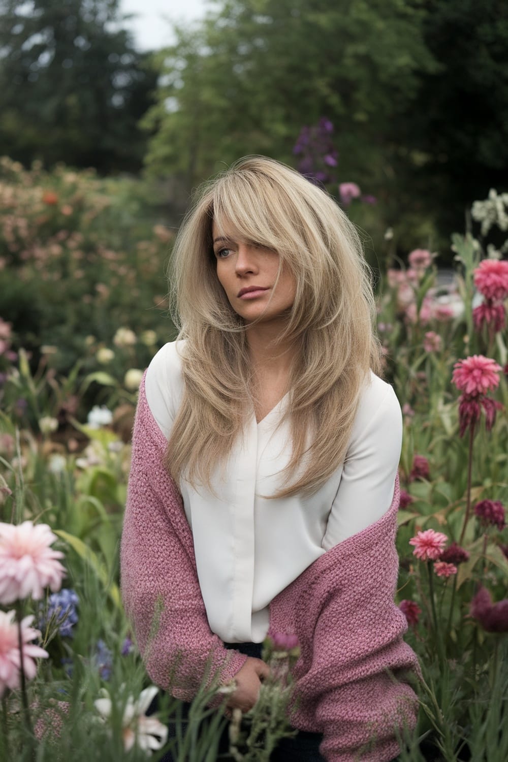 A model with long, feathered layers of hair, wearing a white blouse and a pink cardigan, surrounded by flowers.