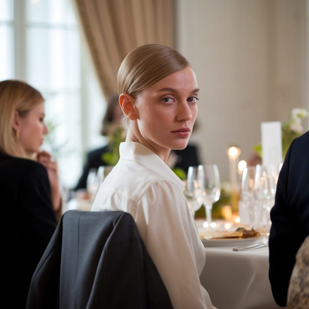 A woman with a feminine tapered haircut, sitting at a dining table with a sophisticated atmosphere.