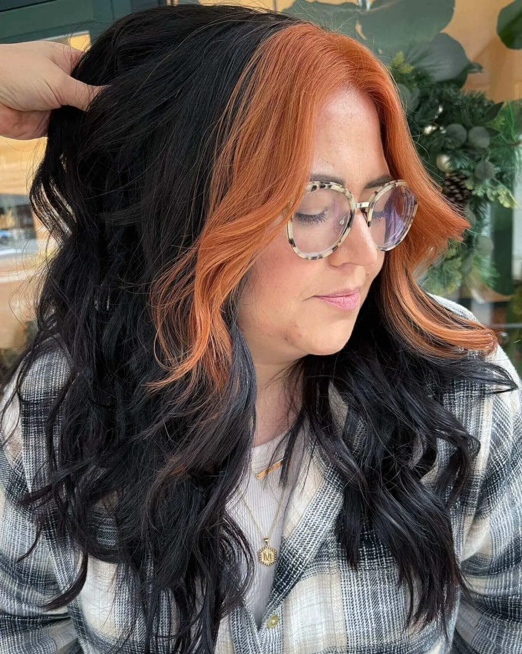 Black roots to fiery copper curls with vibrant frame