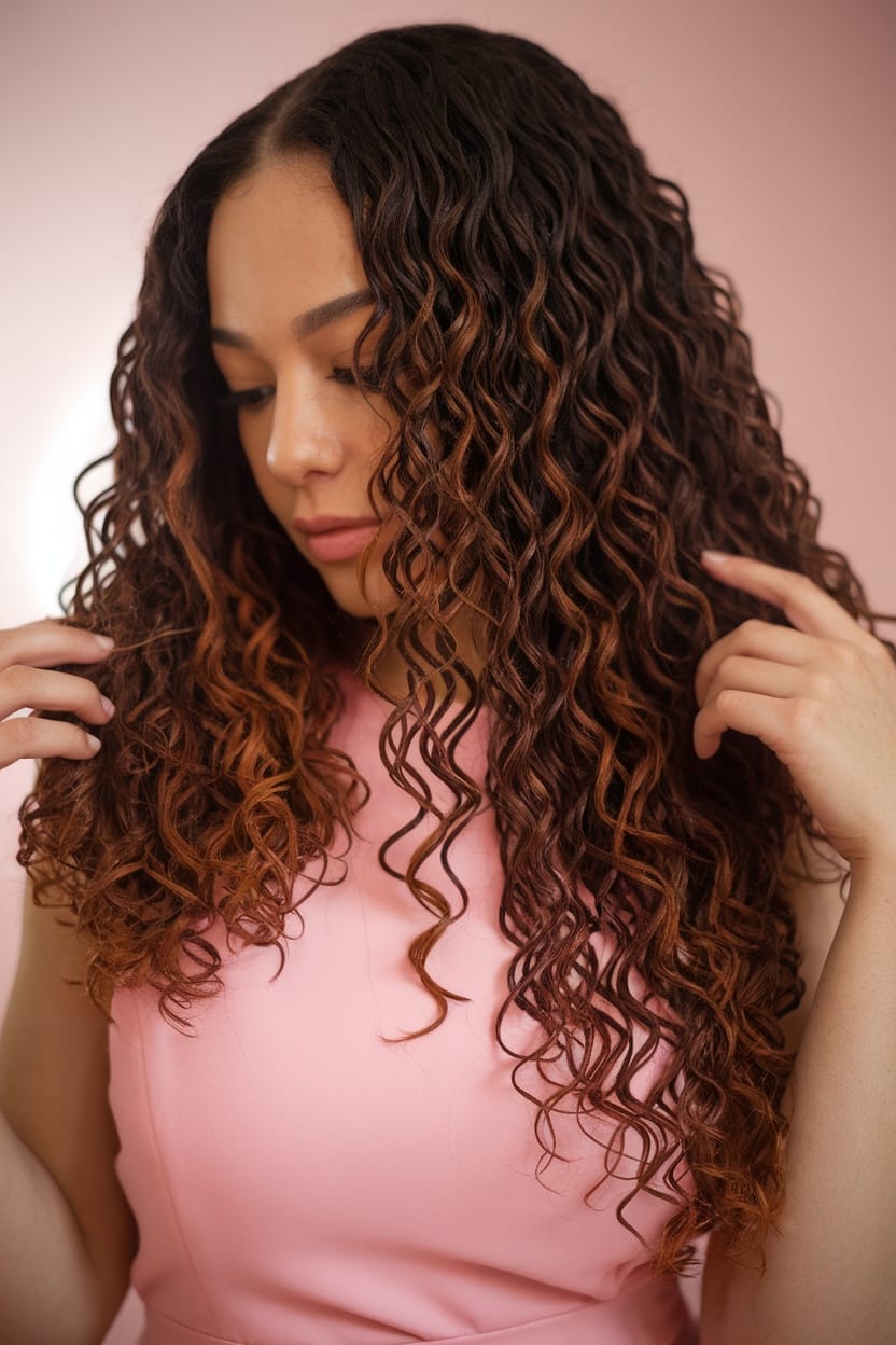 A woman with curly hair styled in defined ringlets, showcasing finger coils.