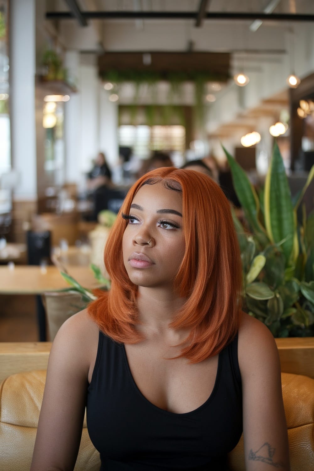 A woman with shoulder-length fire engine red hair, looking thoughtfully in a cafe.