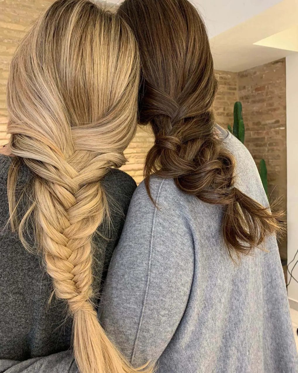 Left with a honey blonde fishtail, right with traditional chocolate braid, both ponytails.