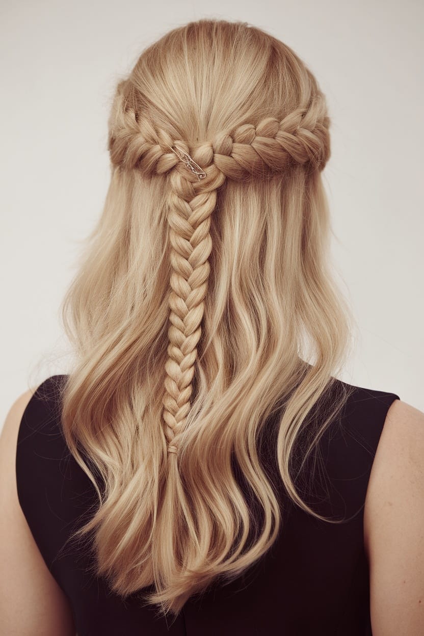 A fishtail braid hairstyle styled for a high neck dress.