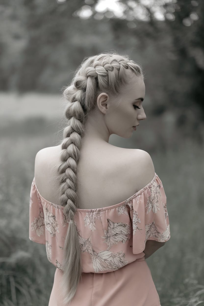 A woman with a fishtail braid hairstyle, wearing a floral off-shoulder top.