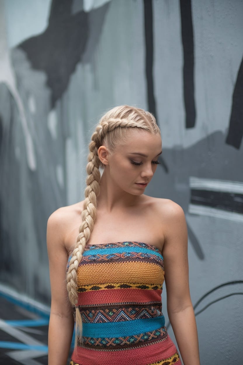 A woman with a fishtail braid wearing a colorful tube dress.