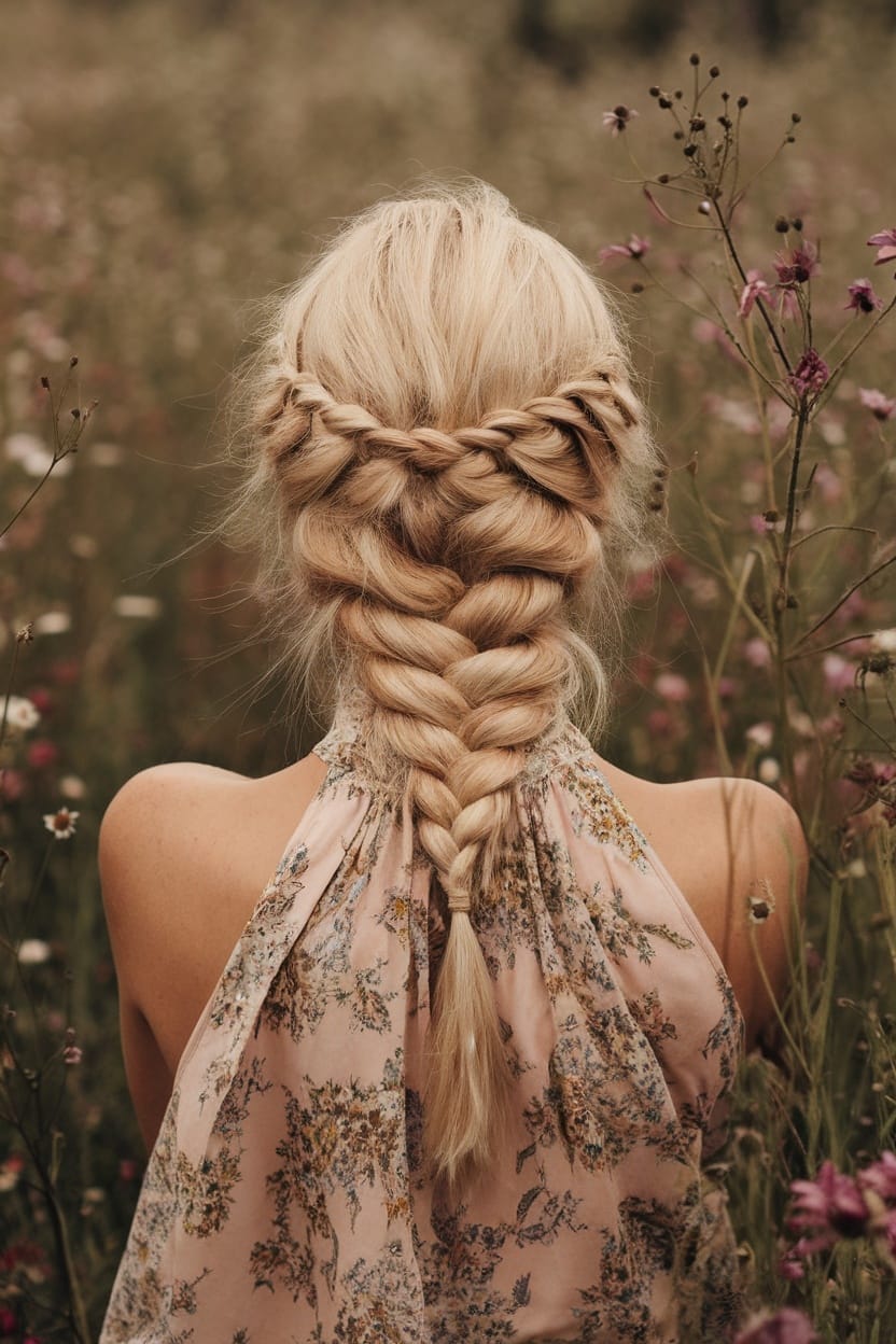 A woman with a beautiful fishtail braid hairstyle, wearing a floral halter neck top, surrounded by wildflowers.