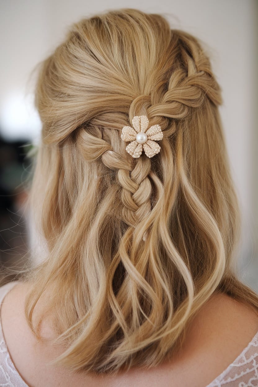 A fishtail braid hairstyle adorned with a decorative flower clip, showcasing elegance for a mother of the bride.