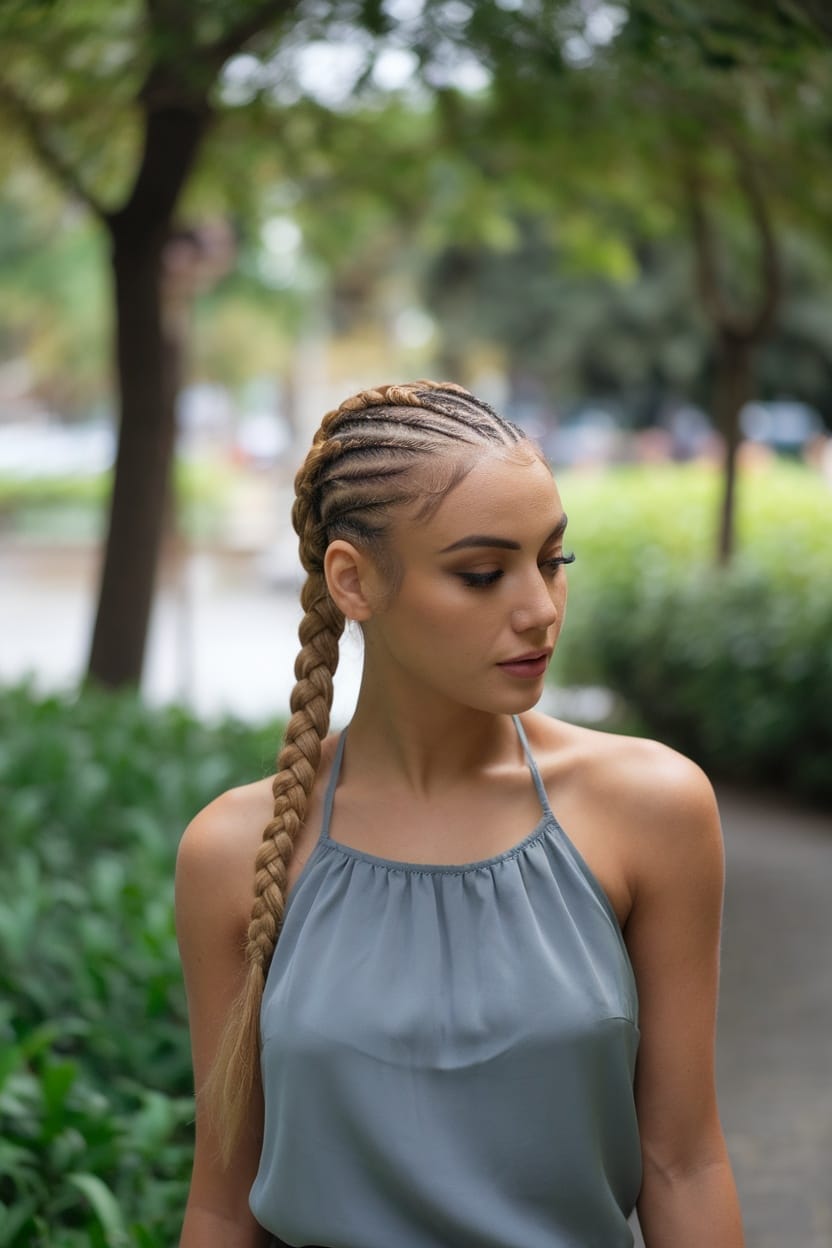 A woman with a fishbone braid hairstyle, wearing a halter neckline top, standing in a lush green outdoor setting.