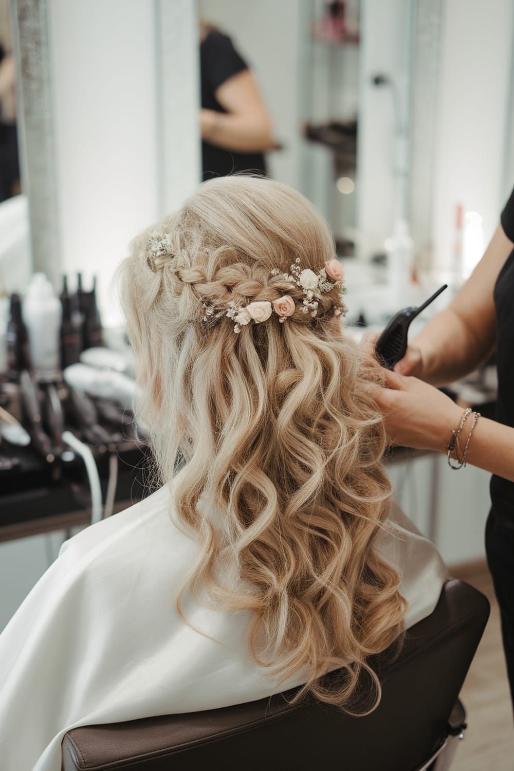 A woman with a floral braid and cascading curls, receiving hairstyling in a salon.