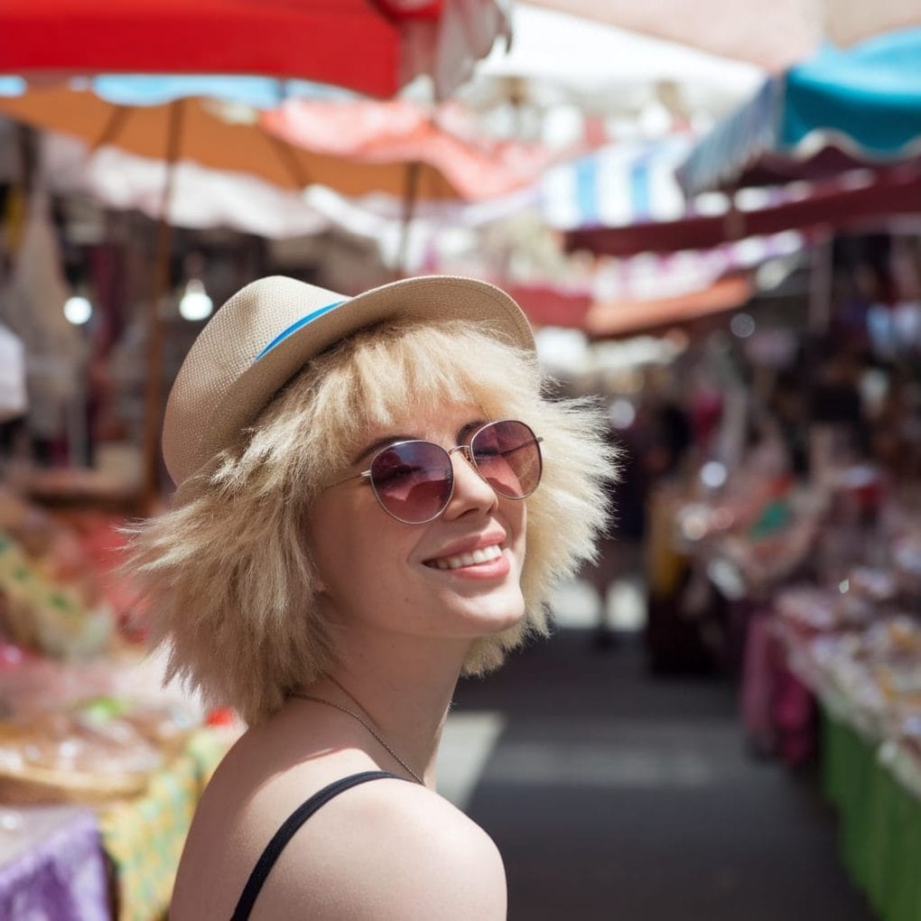 A woman with fluffy blonde hair and a stylish hat smiles at a market, enjoying a sunny day.