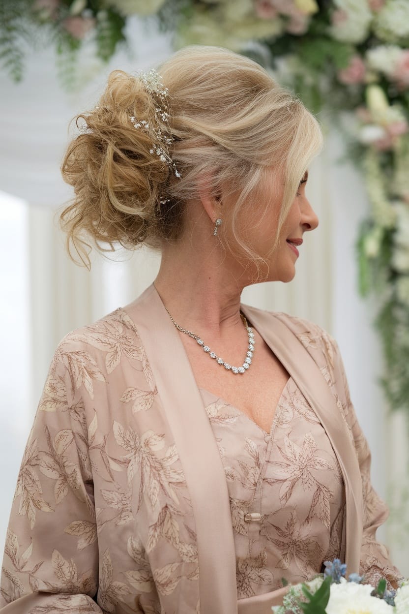 Mother of the bride hairstyle featuring a fluffy messy bun decorated with hair vines.