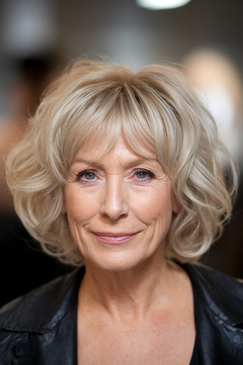 A woman over 60 with fringed bangs, smiling, showcasing a layered hairstyle.