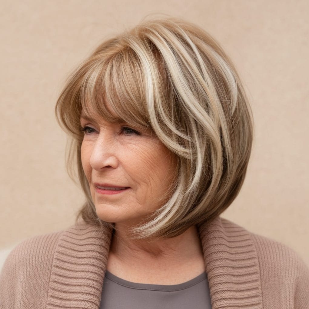 A woman with a fringed bob hairstyle featuring highlights, looking confident and stylish.