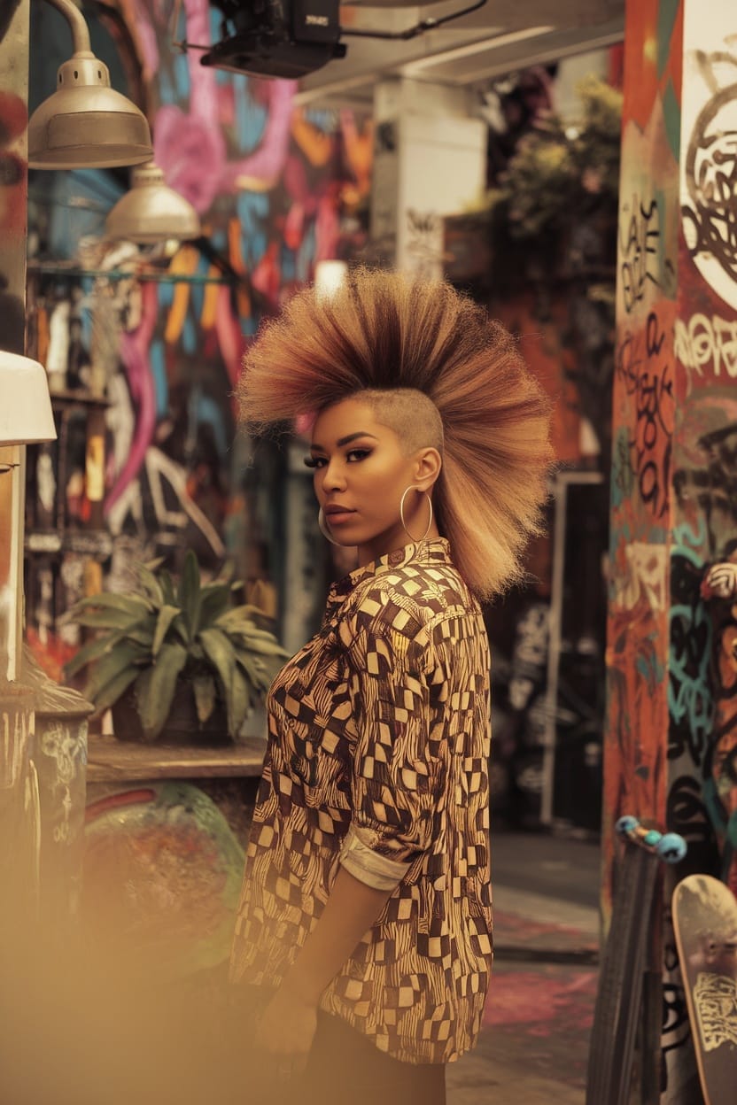 A person with a Fro-Hawk hairstyle standing confidently in a colorful, graffiti-filled environment.