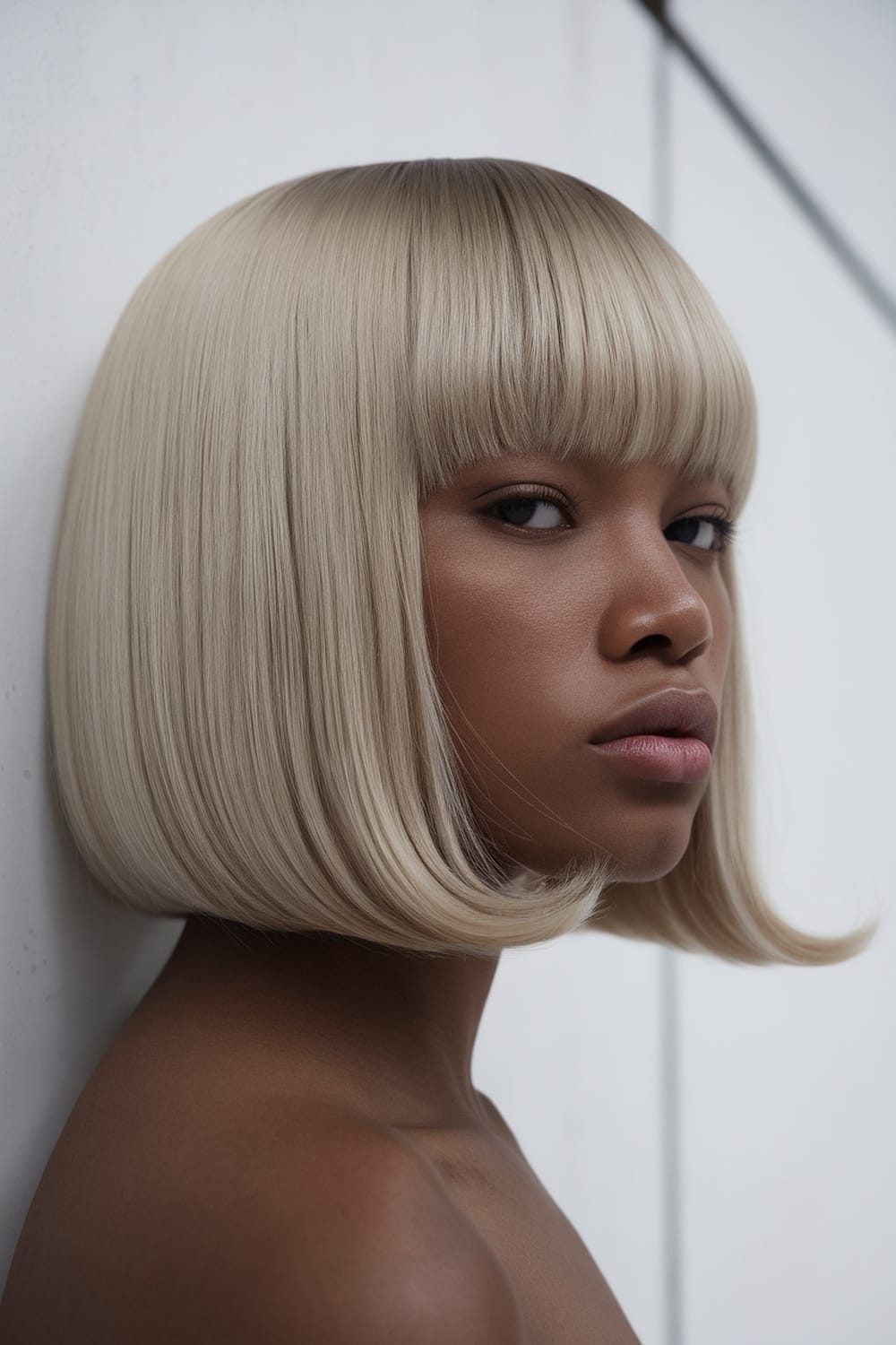 A woman with ash blonde bob hairstyle, showcasing confidence and style.