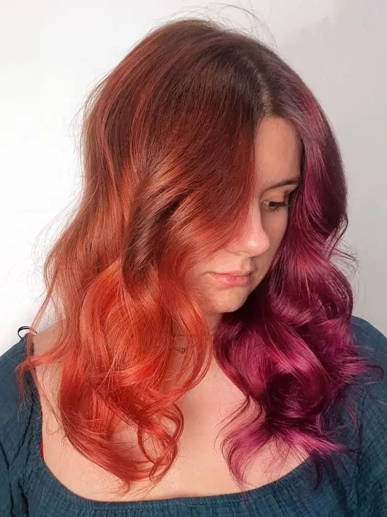 Ginger to berry transition with soft waves in half and half color