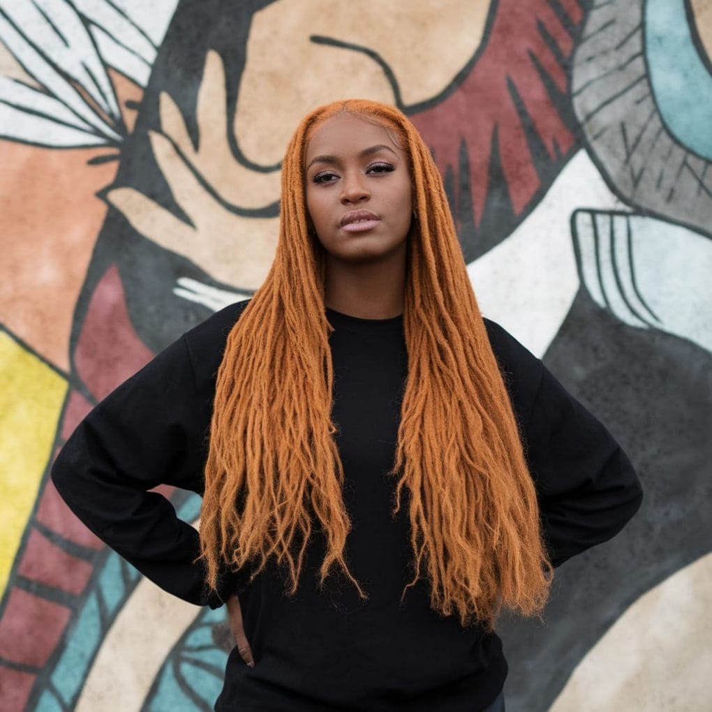 A confident black woman with long ginger hair standing against a colorful mural.