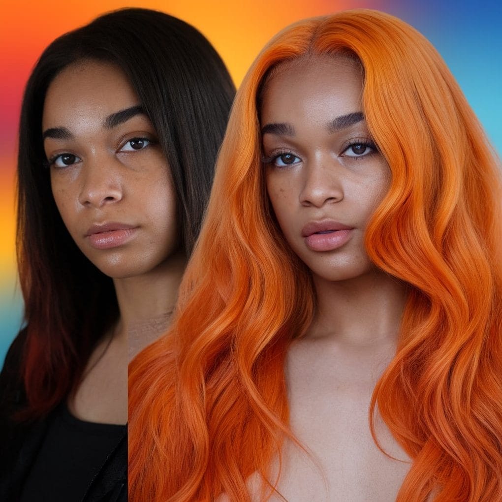 Before and after hair transformation showing a model with dark hair on the left and vibrant ginger hair on the right.