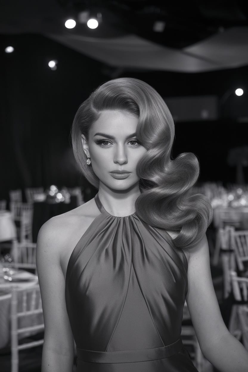A model displaying glam waves hairstyle, wearing a halter neckline dress.