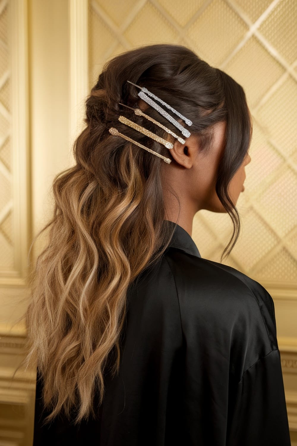 A woman with half up half down hairstyle featuring sparkling hairpins