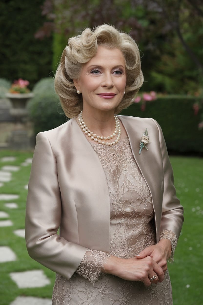Elegant hairstyle featuring glamorous Hollywood waves for mother of the bride