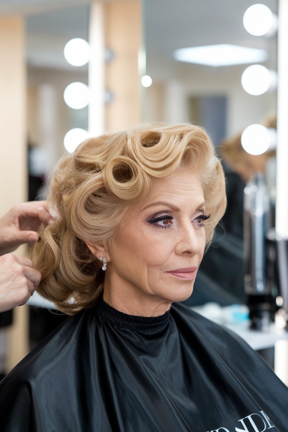 A woman with glamorous Hollywood waves hairstyle being styled by a hairdresser.