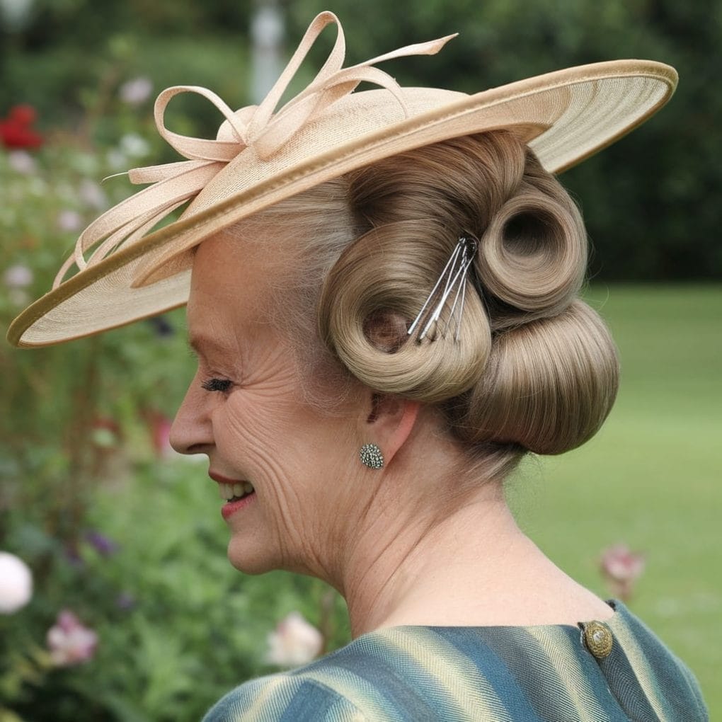 An elegant woman with a vintage roll hairstyle, wearing a decorative hat, smiling in a garden setting.