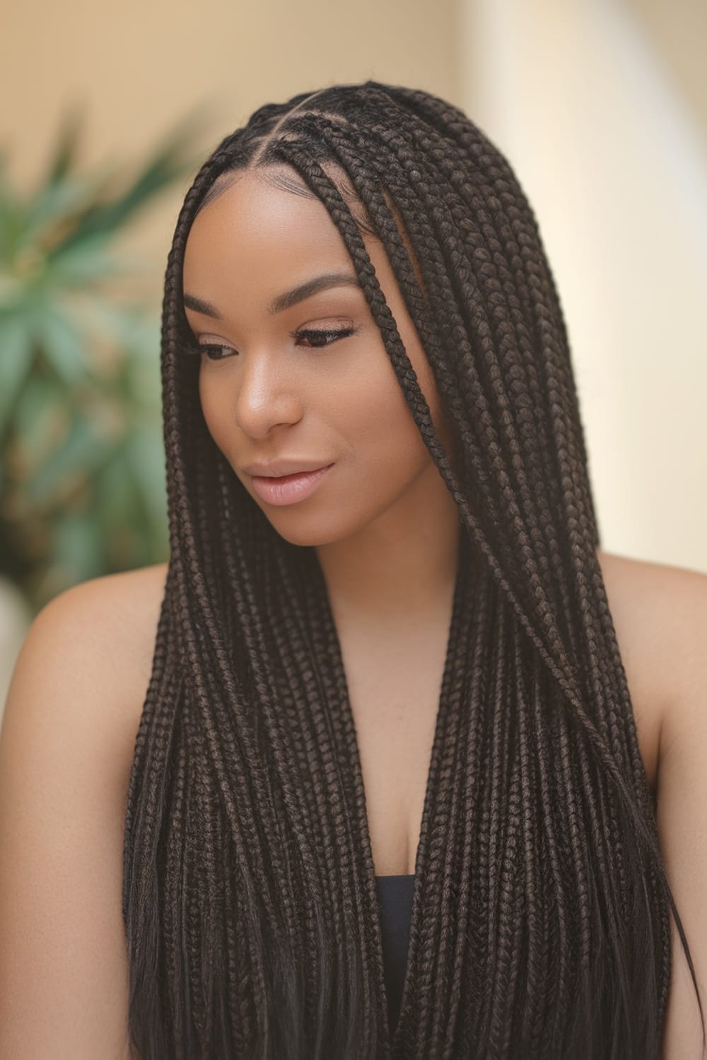 A woman with long goddess box braids, showcasing their beauty and elegance.