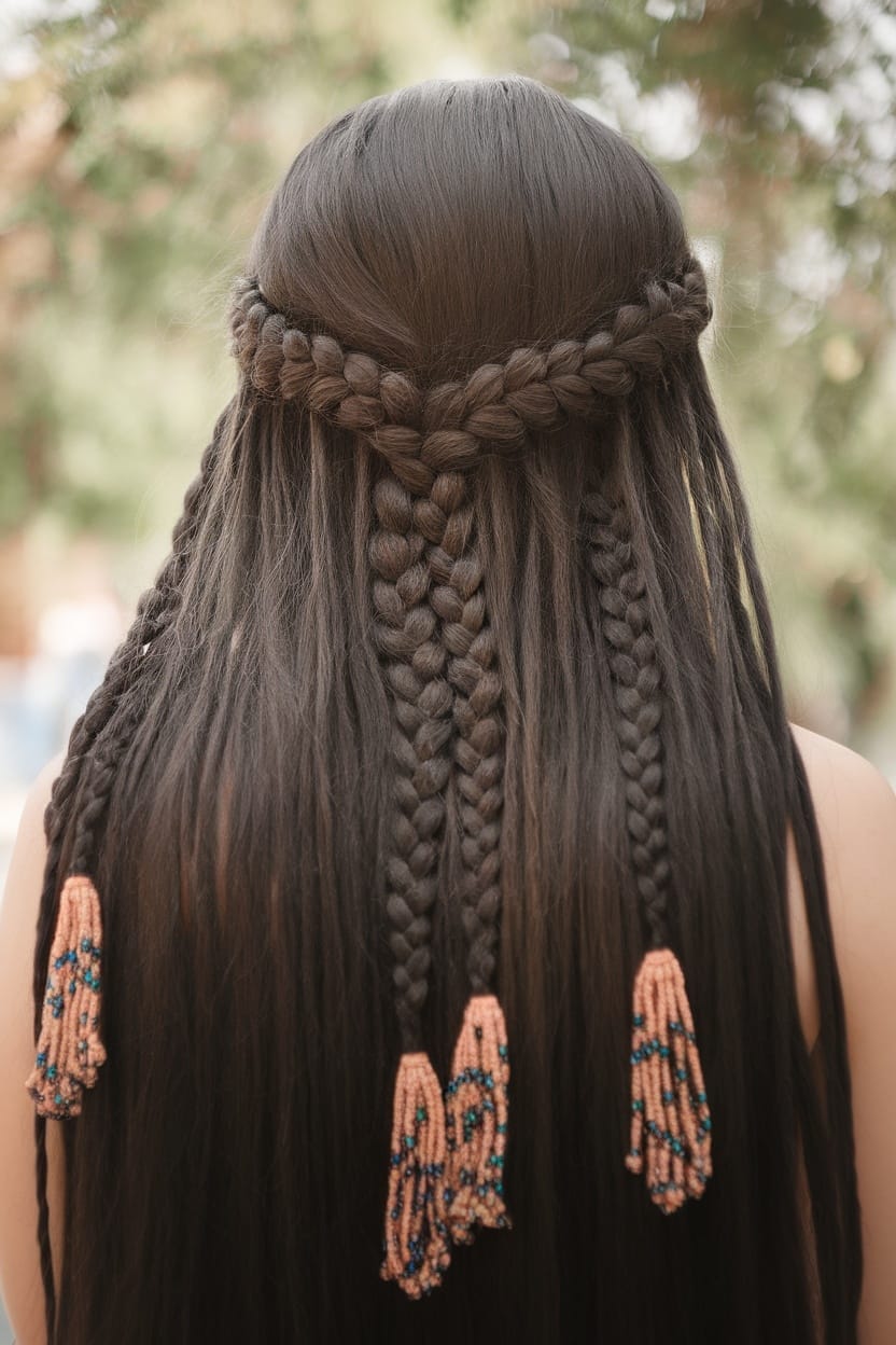 A close-up view of goddess braids styled with beaded ends, showcasing intricate patterns and details.