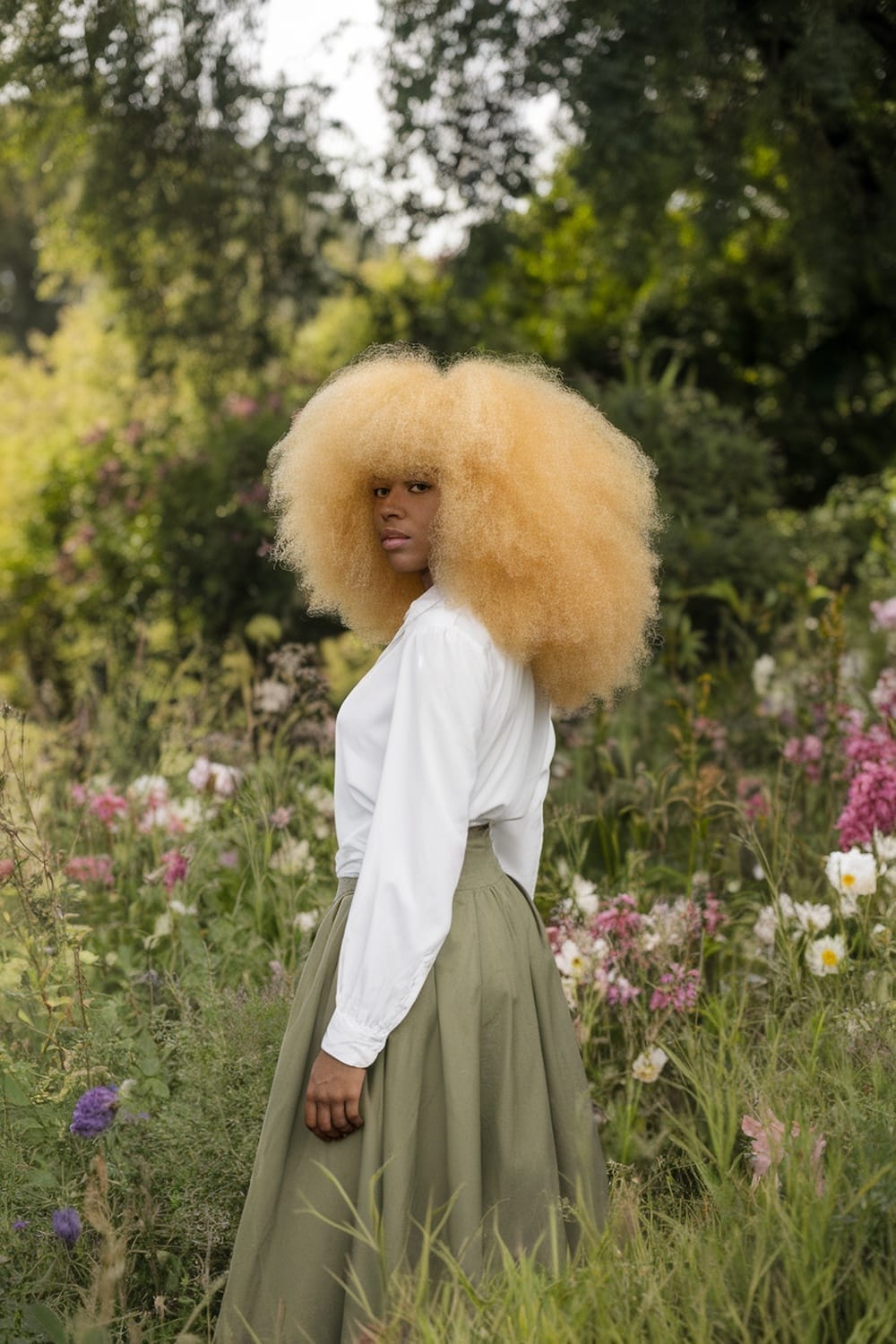 A person with a golden blonde afro hairstyle, standing amidst colorful flowers in a natural setting.