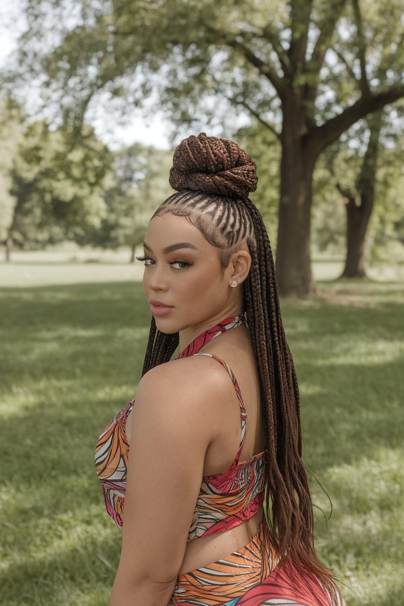 Woman with a half-up braided bun hairstyle, showcasing intricate braids and flowing hair.