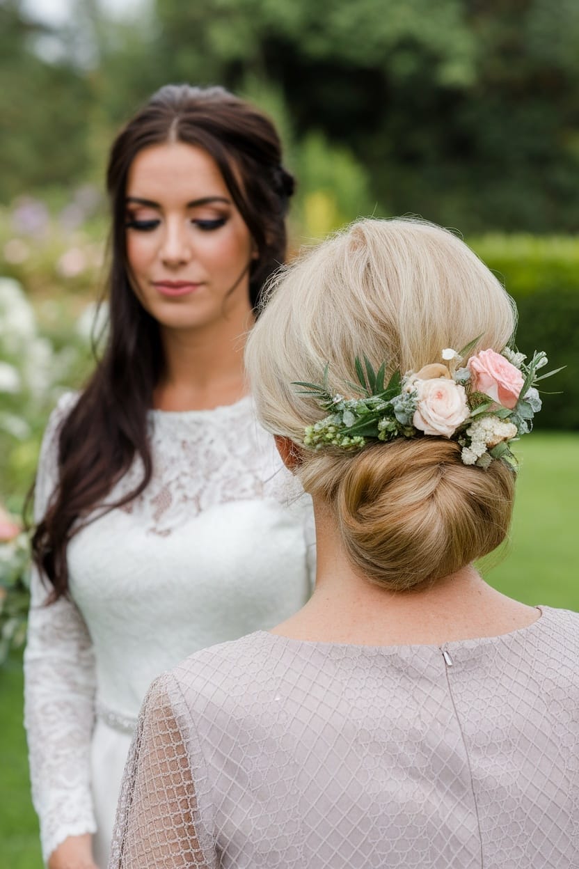 A mother of the bride with a half-up bun hairstyle decorated with fresh flowers, standing beside the bride.