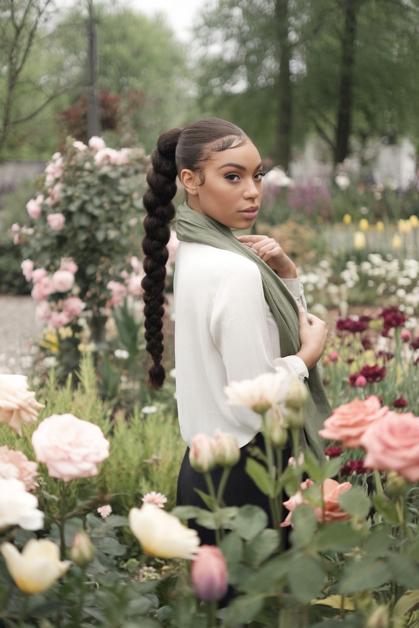 A woman with a half-up fishtail braid standing among flowers, wearing a light outfit and a green scarf.