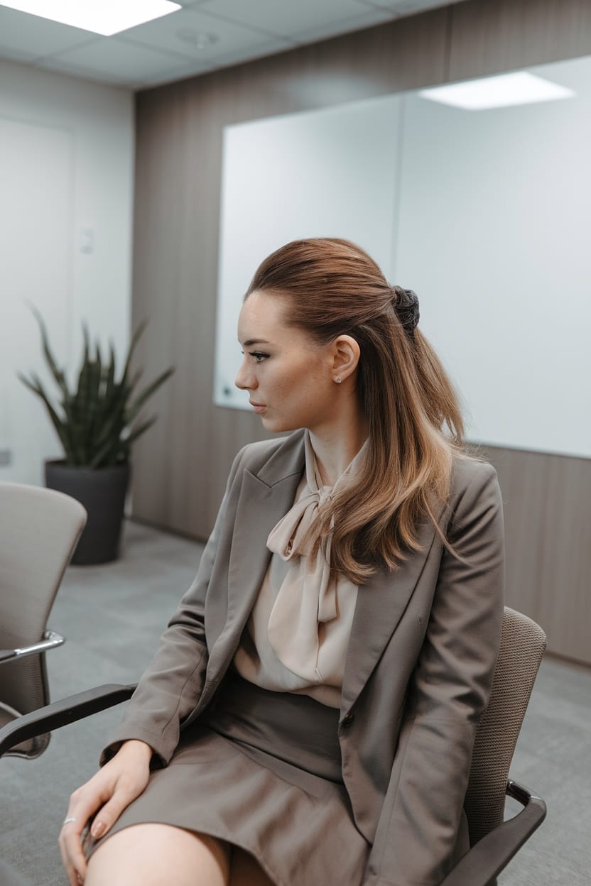 Woman with a half-up half-down hairstyle, wearing a professional outfit, sitting in an office setting.