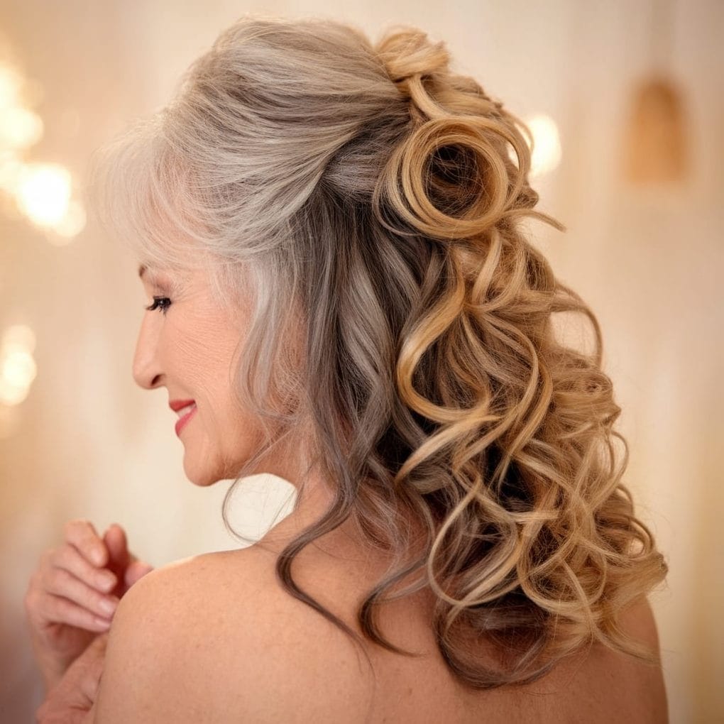 A woman over 70 with a half-up half-down hairstyle featuring soft curls.