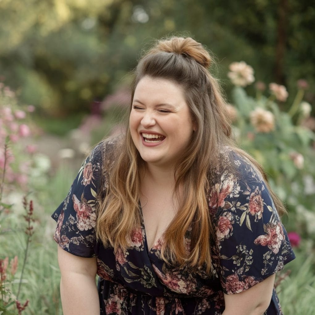 A woman laughing in a floral dress with a half-up half-down hairstyle, set in a garden.