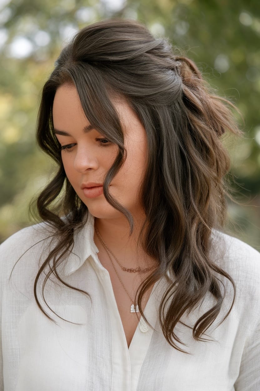 A woman with half-up half-down hairstyle, soft waves, and a relaxed expression.