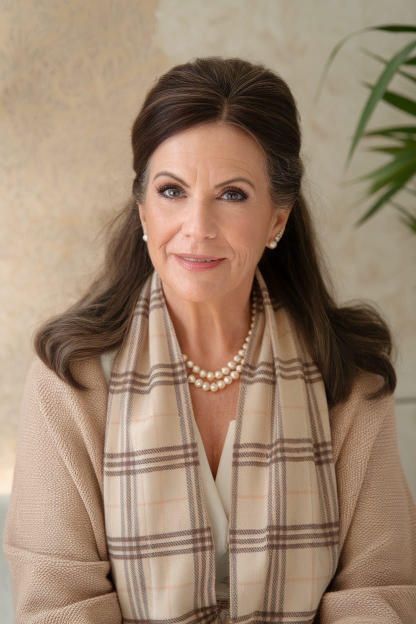 A woman with a half-up half-down hairstyle, exuding elegance and sophistication, dressed in a neutral-toned outfit with a scarf and pearls.