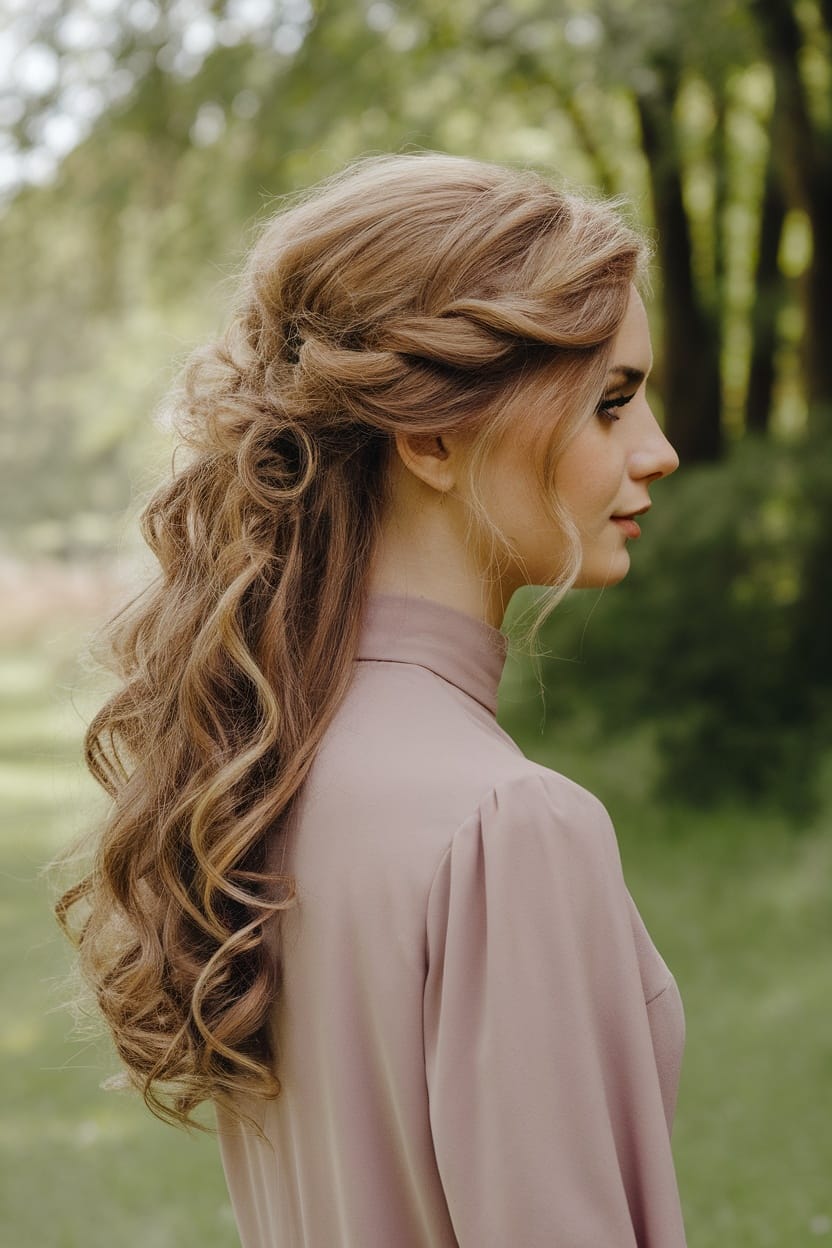 A woman with a half-up half-down hairstyle featuring gentle curls, complementing her high neck dress