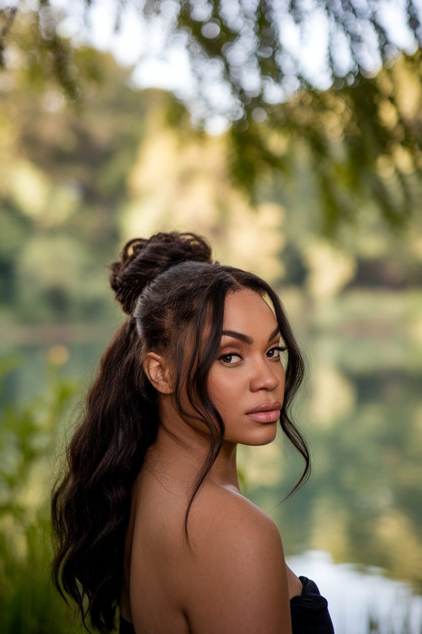 A woman with a half-up knot hairstyle and loose strands, standing by a serene water body.
