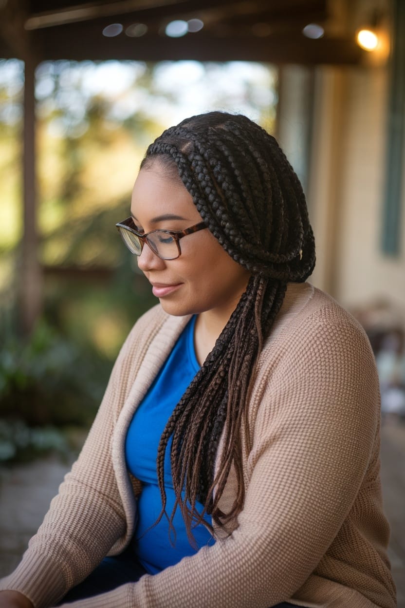 A woman with braided hair styled in a half-up loose braid, showcasing a relaxed and elegant look.