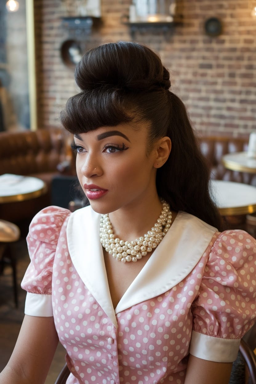 A woman with half-up retro pompadour hairstyle wearing a polka dot dress and pearl necklace.